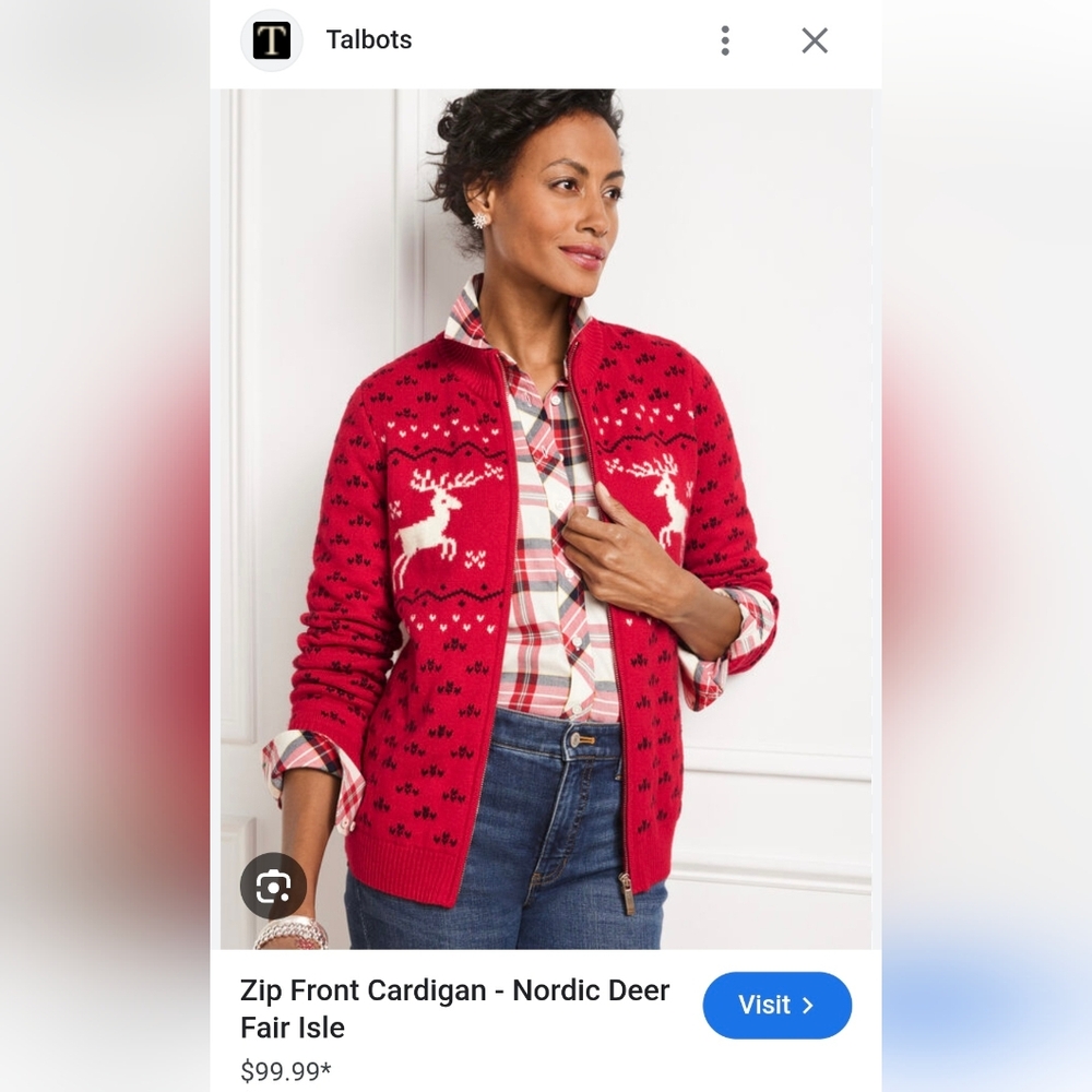 Talbot's Full Zipper Festive Red Nordic Deer Fair Isle Knit Cardigan Sweater - Picture 9 of 9